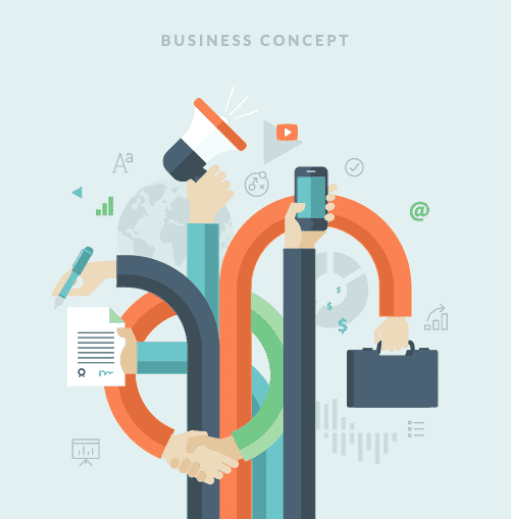 Illustration Representing A Business Concept With Icons Of Communication, Technology, And Analytics, Highlighting The Integration Of Digital Marketing, Social Media, And Business Growth.