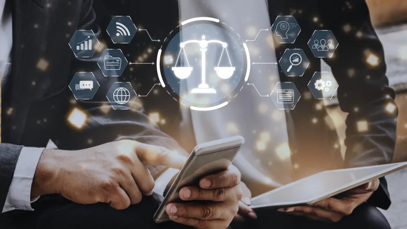 Two professionals engage with a smartphone and tablet, surrounded by digital icons representing law, technology, and communication.